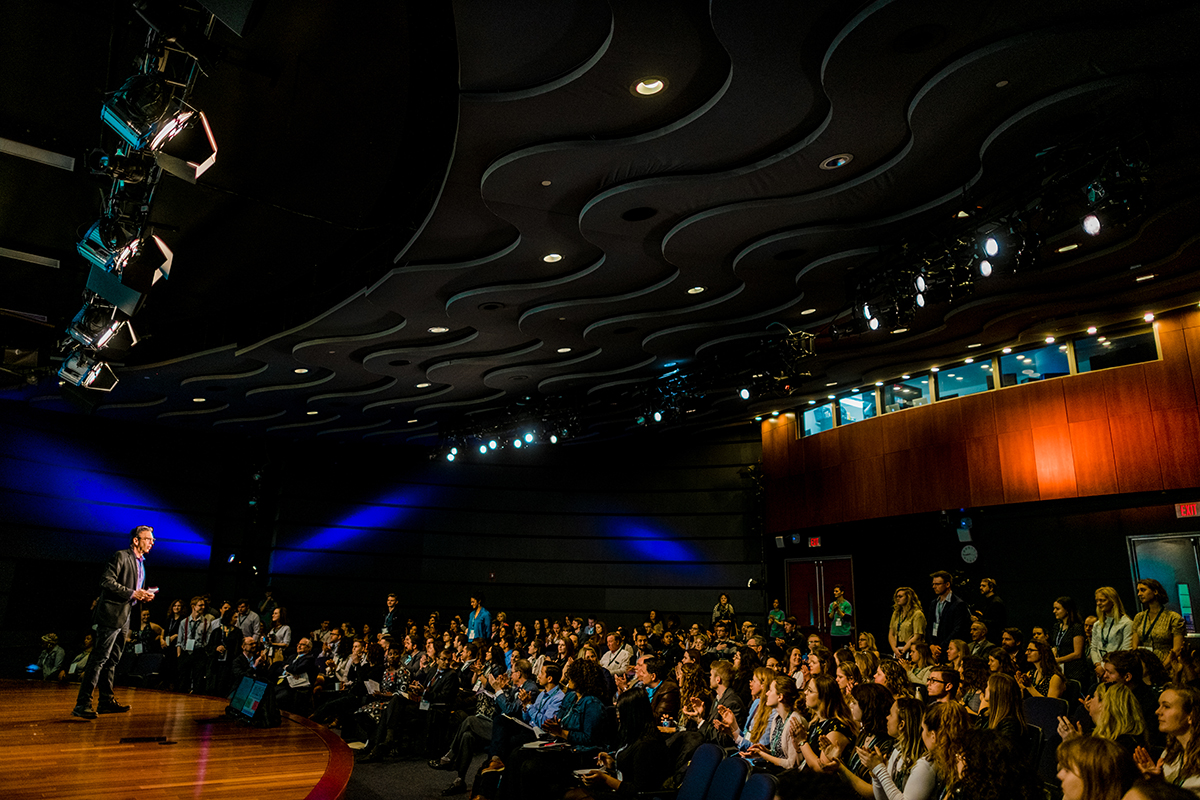 Planet Forward founder Frank Sesno kicks off the Summit from the main stage at Jack Morton Auditorium on April 4, 2019. (Photos by Adam Mason for PlanetForward.org)